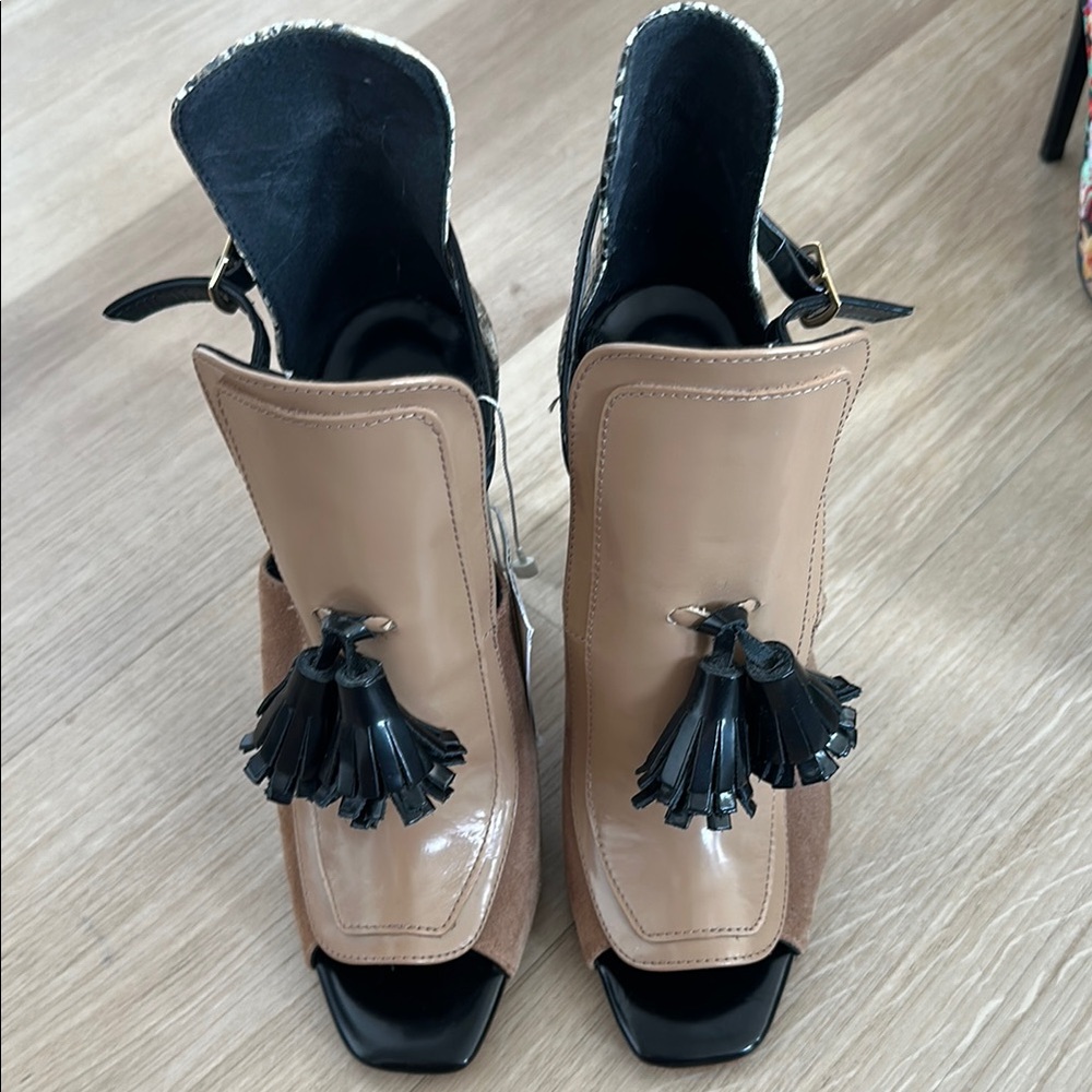 Zara Tan and Black Heeled Boots with Tassel Accents